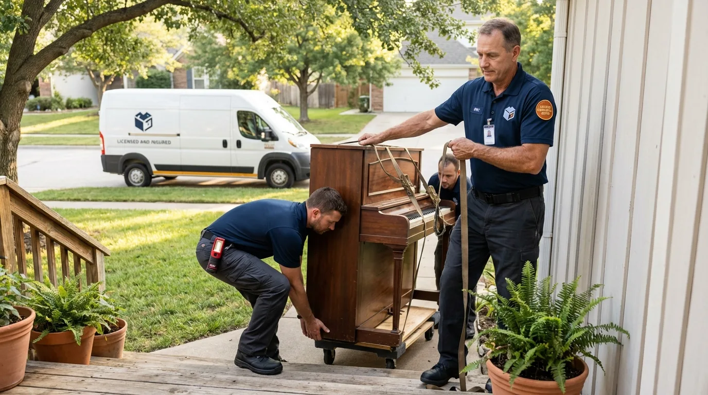 Licensed piano movers securing grand piano in Cazenovia, NY