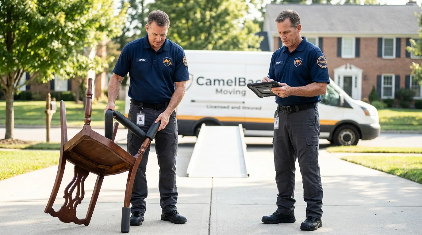 Movers inspecting furniture for damage prevention before loading in Cazenovia, NY