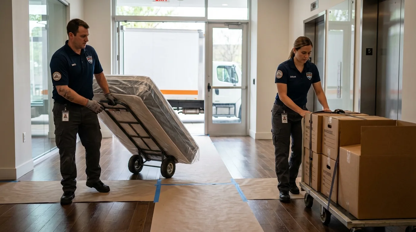 Professional apartment movers loading elevator in Cazenovia, NY