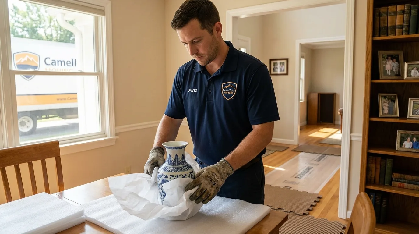 Professional crew carefully wrapping antique vase for senior downsizing move in Cazenovia, NY