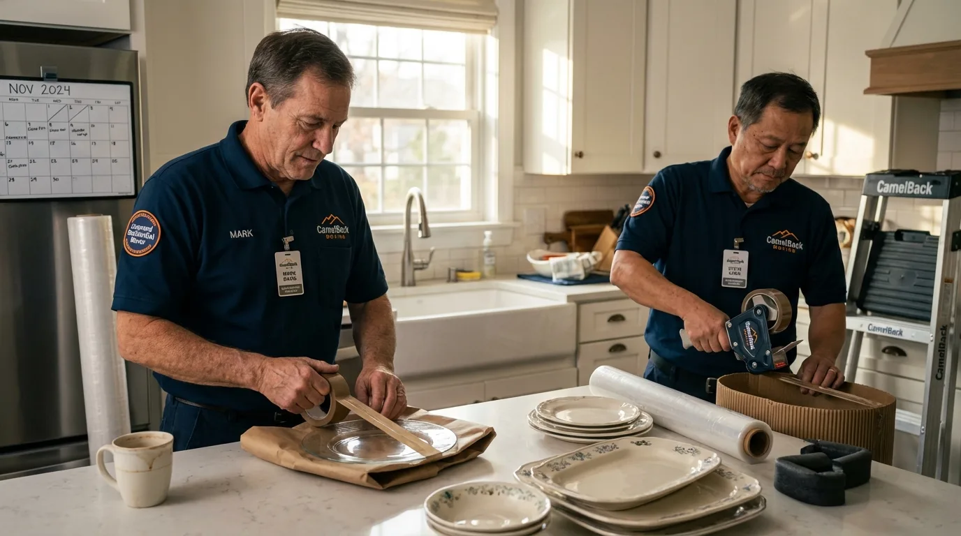 Professional crew packing kitchen dishware in Cazenovia, NY